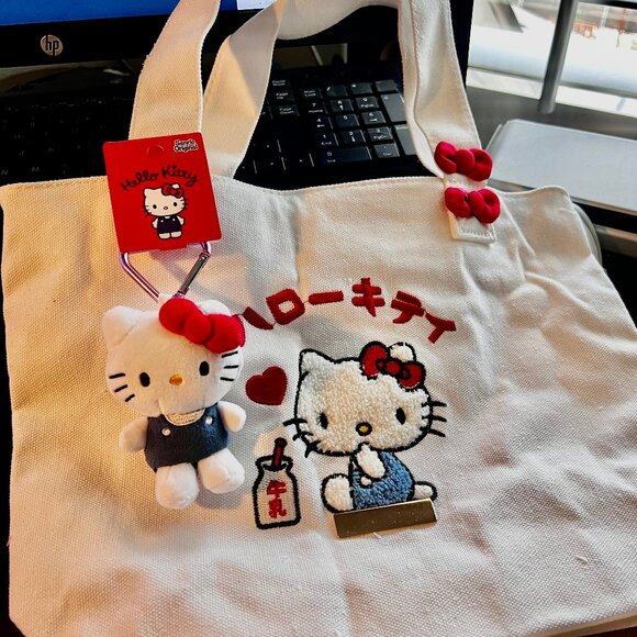 NWT Sanrio Hello Kitty Embroidered Canvas Tote Bag with Charm - Picture 2 of 11